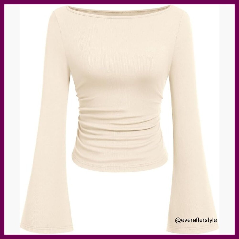 Viscose Elastane Ribbed Knit Bell Sleeve Crop Top Slim Fit Boat Neck